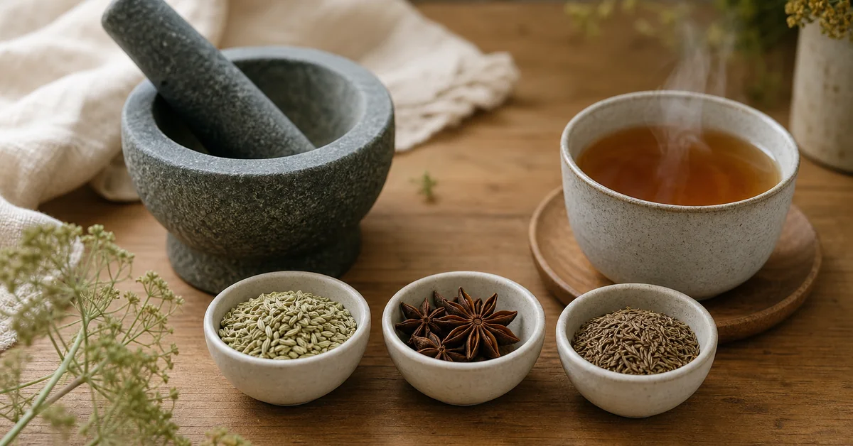 Getrocknete Fenchel-, Anis- und Kümmelfrüchte in einem hölzernen Mörser neben einer dampfenden Tasse Tee auf einem Küchentisch