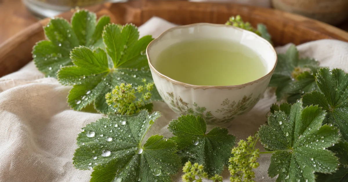 Dampfende Tasse Frauenmanteltee neben getrockneten Alchemilla-Blättern und einem kleinen Leinensäckchen auf hellem Holztisch