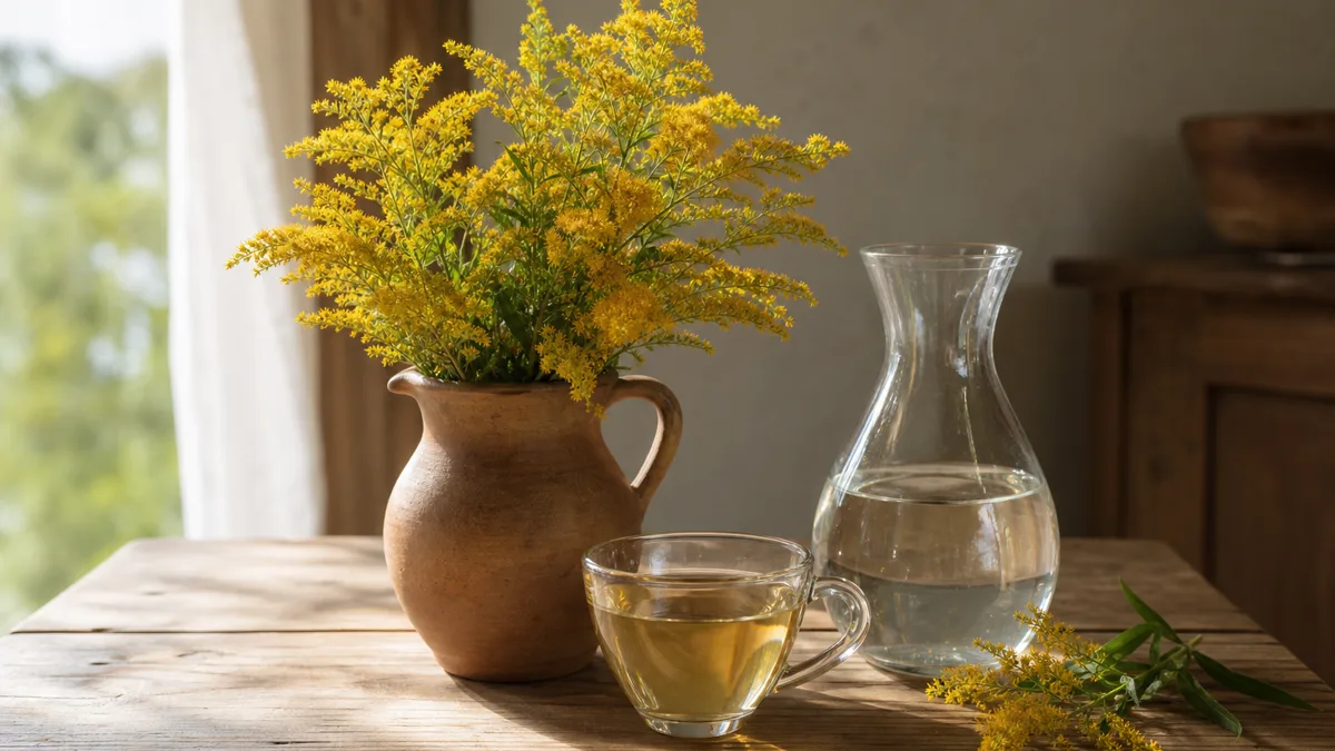 Blühende gelbe Goldrutenrispen neben einer Glaskanne mit hellgoldenem Goldrutentee und einer Tasse auf einem hellen Holztisch