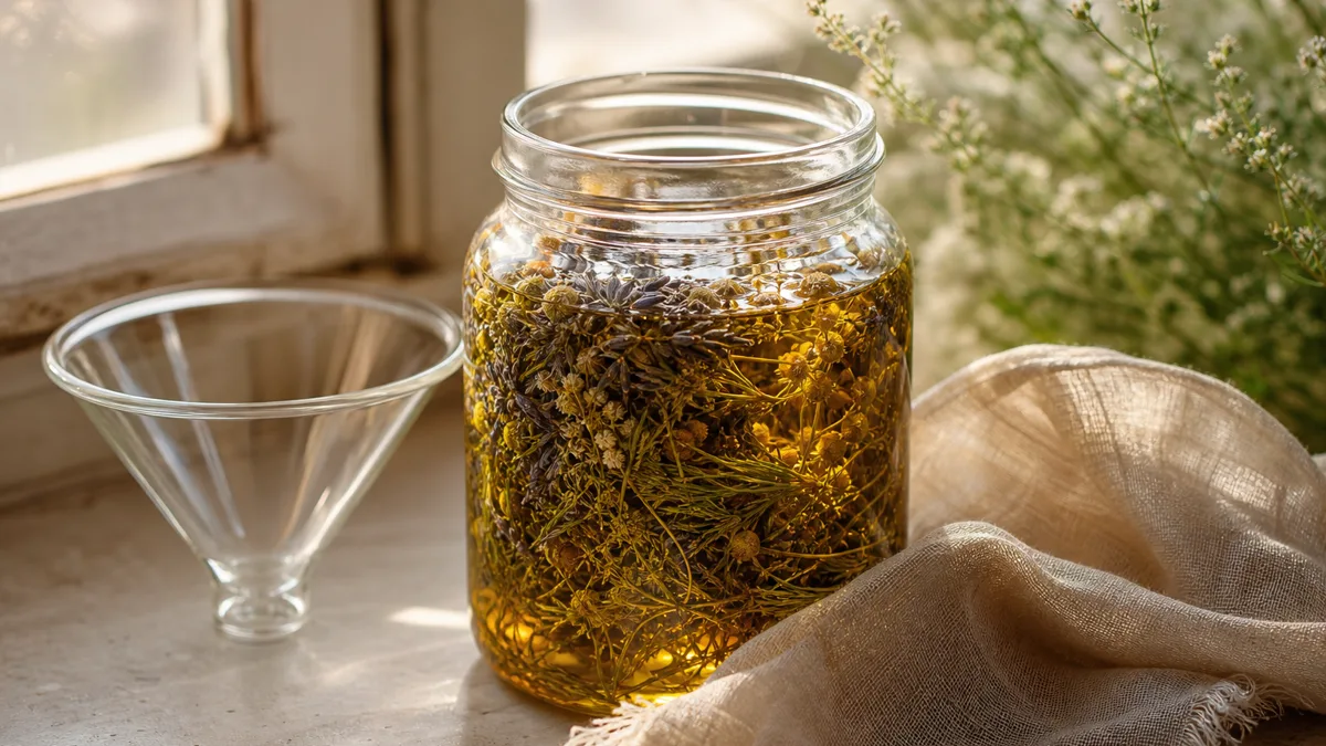 Ein Einmachglas mit goldenem Kräuteröl und getrockneten Ringelblumenblüten auf einer sonnigen Fensterbank, daneben eine dunkle Tropfflasche und ein Leinentuch zum Abseihen.