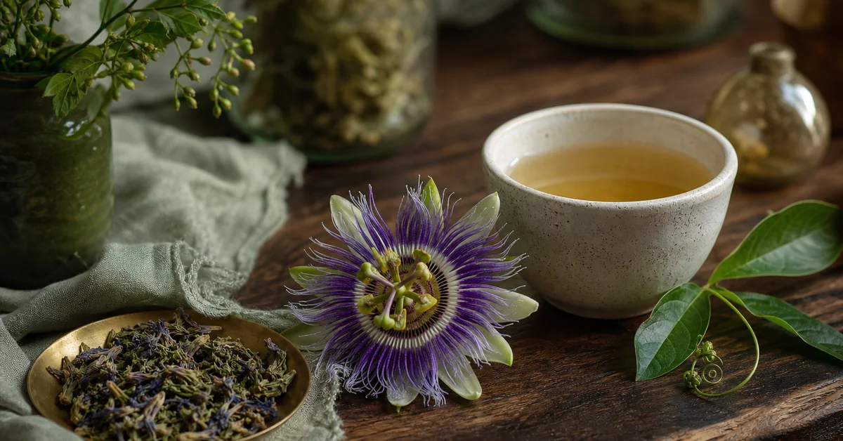 Aufgeschlagenes Lernheft und eine dampfende Tasse Kräutertee neben einer violett-weissen Passionsblumenblüte auf einem hellen Holztisch