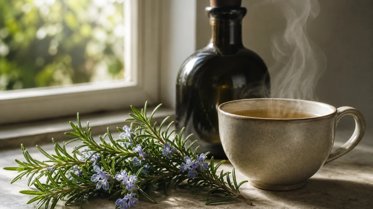Frischer Rosmarinzweig neben einer dampfenden Tasse Rosmarintee und einem Braunglasfläschchen mit ätherischem Öl auf hellem Holztisch im Morgenlicht