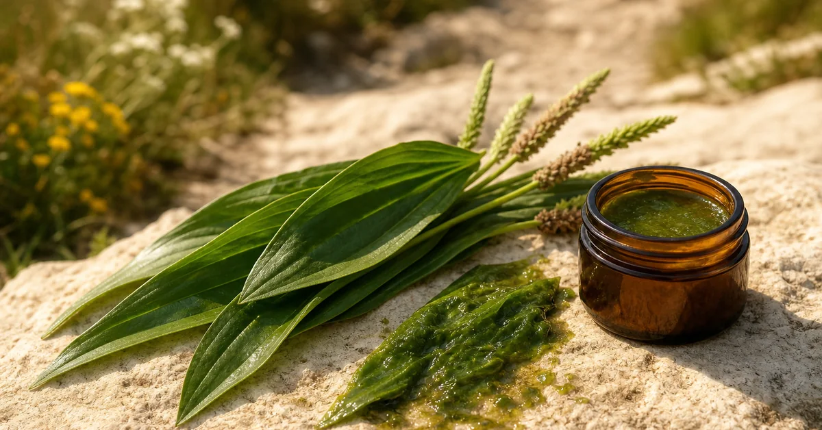 Frische Spitzwegerichblätter und ein zerdrücktes, saftiges Blatt auf einem sonnigen Wanderweg-Stein, daneben ein kleines Braunglas-Tiegelchen