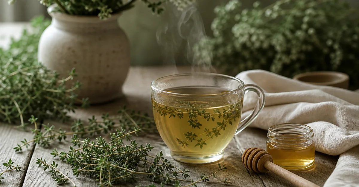 Dampfende Tasse Thymiantee mit aufgelegtem Deckel, daneben ein frischer Thymianzweig und getrocknete Thymianblätter auf hellem Holztisch