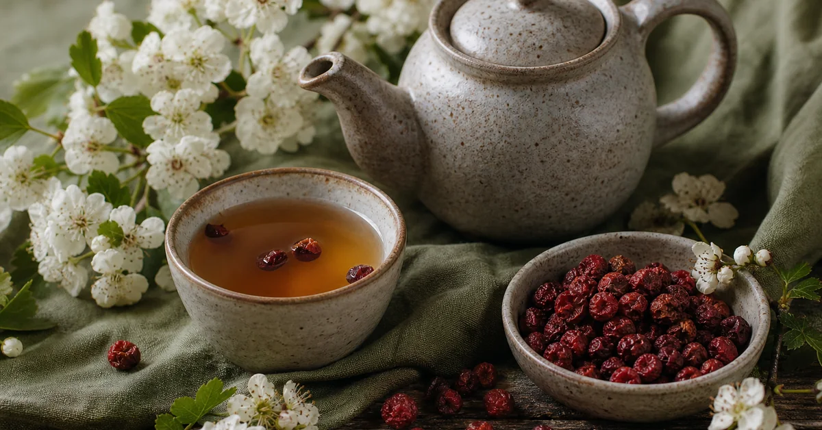 Dampfende Tasse Weissdorntee neben getrockneten Weissdornblättern mit weissen Blüten und roten Beeren auf hellem Holztisch