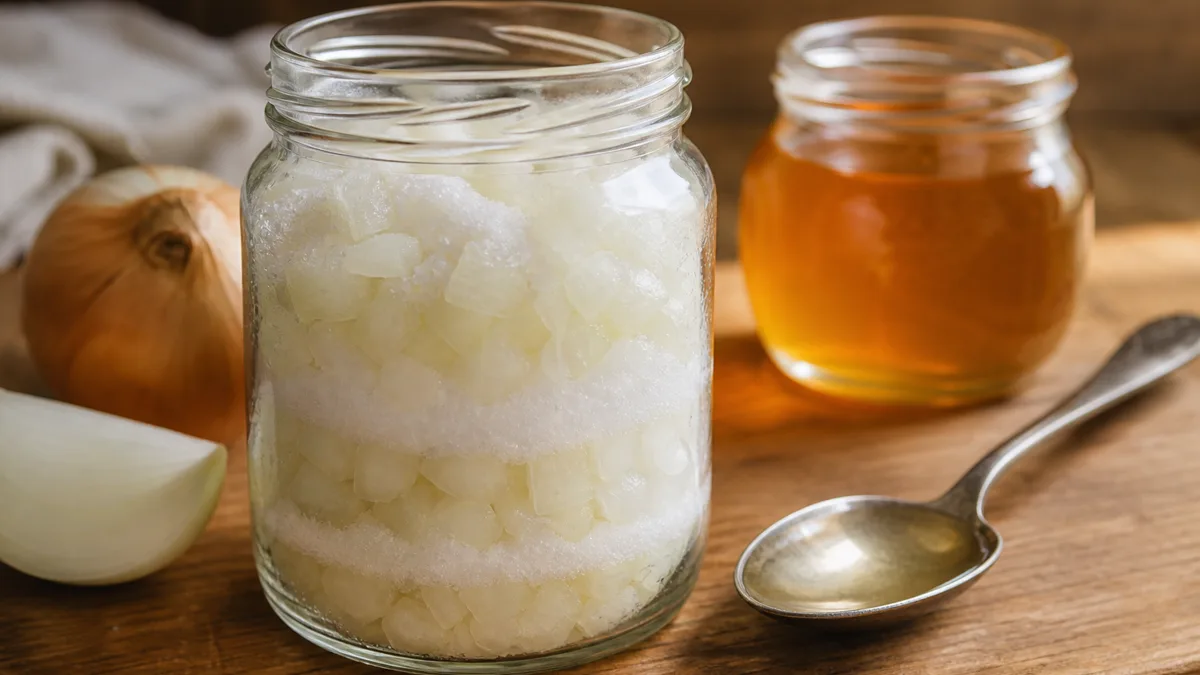 Aufgeschnittene Zwiebel in einem Einmachglas, mit Zucker bestreut, daneben ein Holzlöffel mit goldenem Zwiebelsirup und ein Töpfchen Honig auf einem hellen Küchentisch.